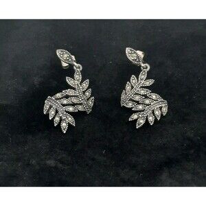 Vintage Estate Sterling Silver 925 Marcasite Olive Leaf Dangling Drop Earrings